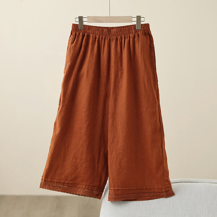 Buddha Stones通勤用 レトロ 無地 レース パッチワークデザイン 7-8丈 レディース ワイドレッグ コットンパンツ ポケット付き