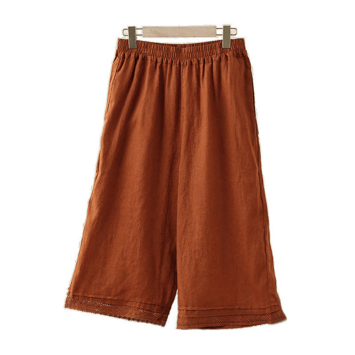 Buddha Stones通勤用 レトロ 無地 レース パッチワークデザイン 7-8丈 レディース ワイドレッグ コットンパンツ ポケット付き