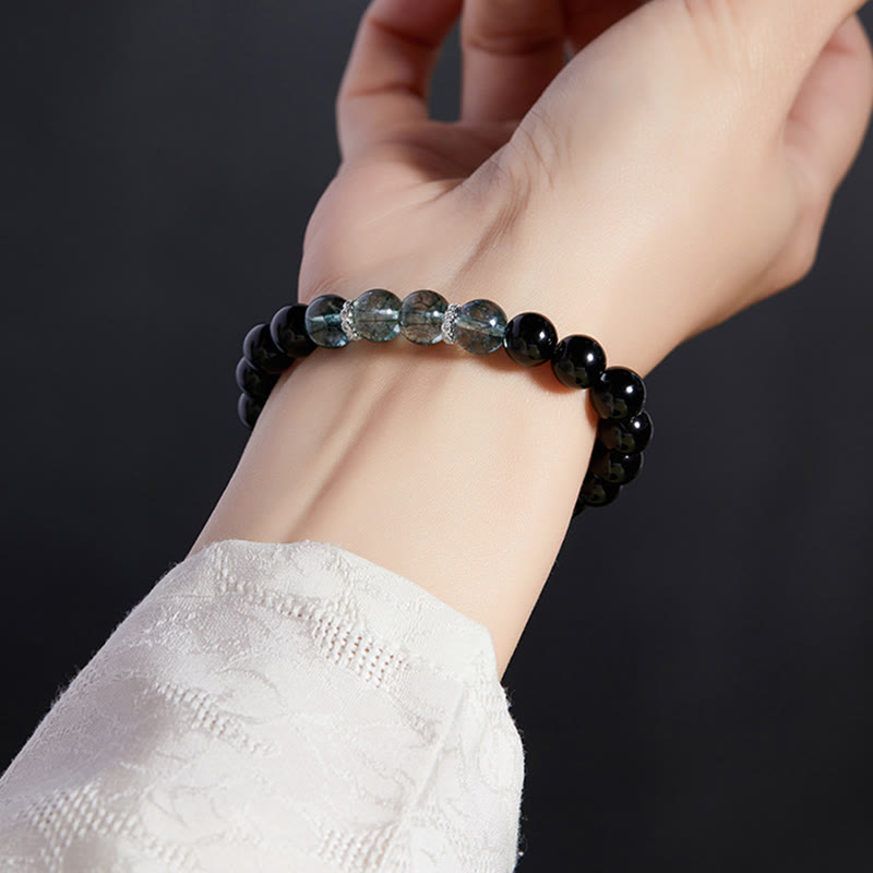 Buddha Stones925スターリングシルバー ブラックオブシディアン グリーンファントムストレングスブレスレット