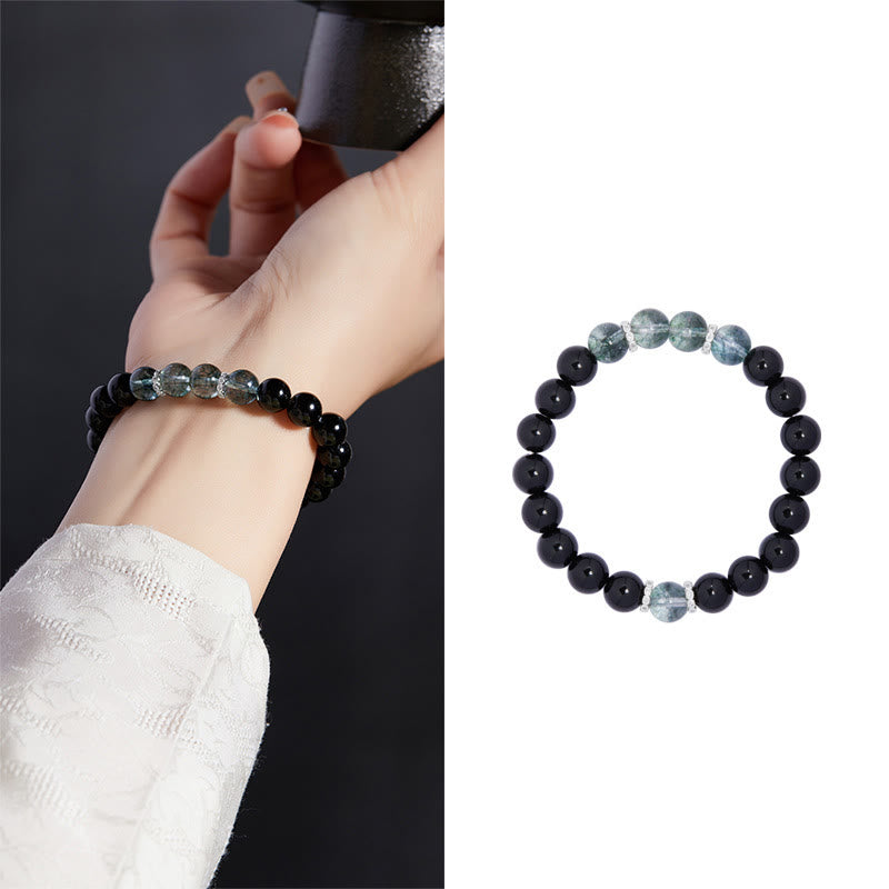 Buddha Stones925スターリングシルバー ブラックオブシディアン グリーンファントムストレングスブレスレット