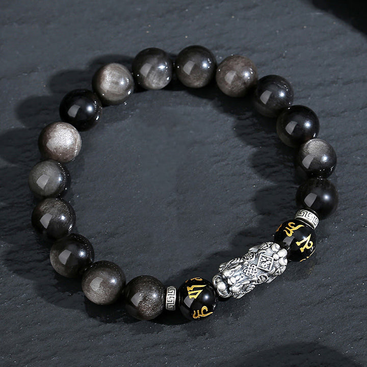 Buddha Stones 999スターリングシルバー 貔貅 天然黒曜石強さブレスレット