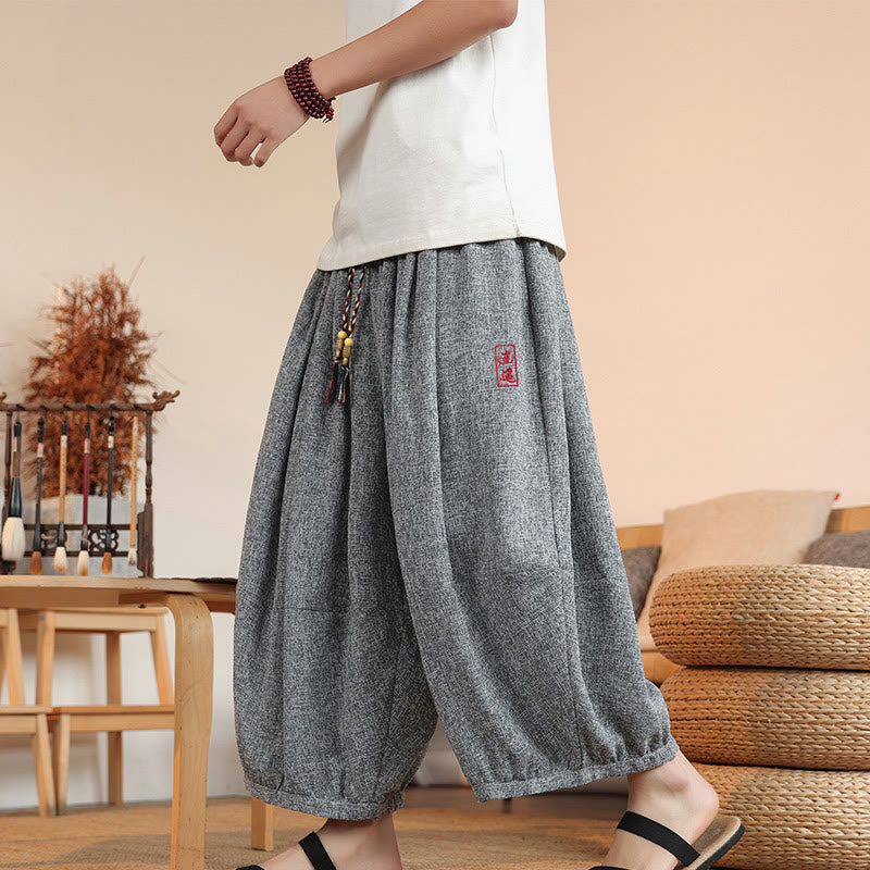 Buddha Stones夏 キャラクター 刺繍 ドローストリング メンズ クロップド アンクル丈 ハーレムパンツ ポケット付き