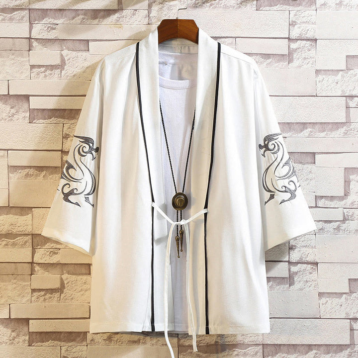 Buddha Stones刺繍龍鳳凰吉祥雲波葉鶴前開きジャケットメンズ着物 - ホワイトドラゴン-ホワイト - US/UK/AU46、 EU56 (5XL) - image 8