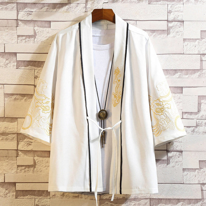 Buddha Stones刺繍龍鳳凰吉祥雲波葉鶴前開きジャケットメンズ着物 - 金龍吉兆雲-白 - US/UK/AU46、 EU56 (5XL) - image 12