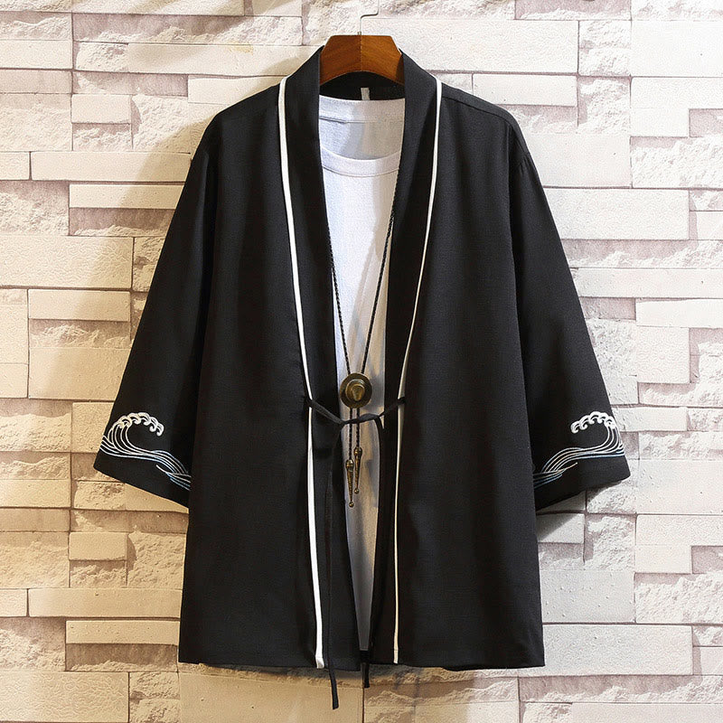 Buddha Stones刺繍龍鳳凰吉祥雲波葉鶴前開きジャケットメンズ着物 - 海の波-黒 - US/UK/AU46、 EU56 (5XL) - image 37