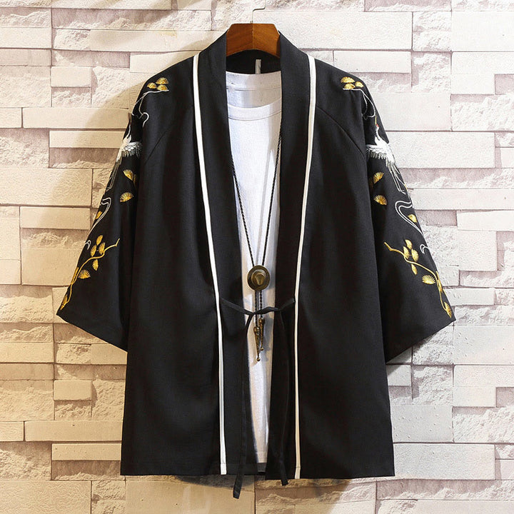 Buddha Stones刺繍龍鳳凰吉祥雲波葉鶴前開きジャケットメンズ着物 - 白鶴黒 - US/UK/AU46、 EU56 (5XL) - image 41