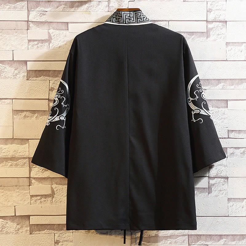 Buddha Stones刺繍龍鳳凰吉祥雲波葉鶴前開きジャケットメンズ着物 - image 1