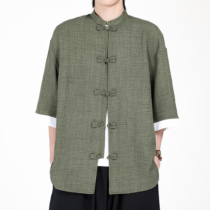 Buddha Stones無地唐装カエルボタンデザインメンズ半袖シャツ