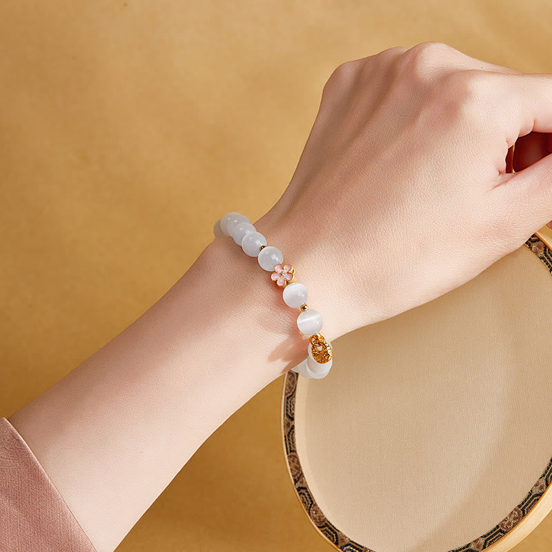 Buddha Stones925スターリングシルバー 天然ピーチブロッサム ホワイトキャッツアイ ポジティブブレスレット