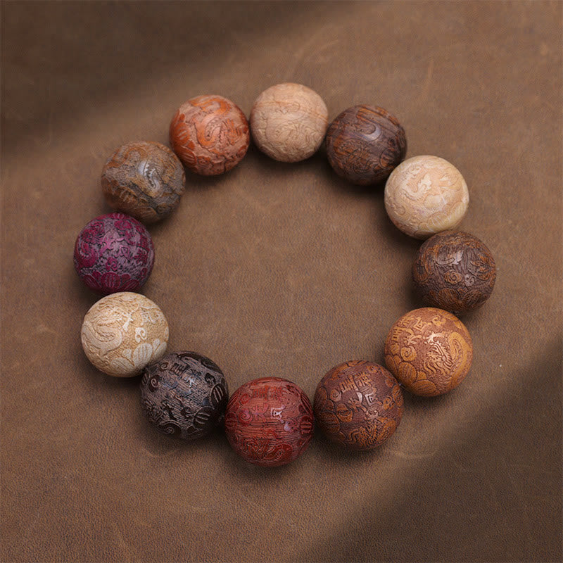 Buddha Stones彫刻 白檀 十二支 縁起の良い龍 鳳凰 福文字 ヒーリングブレスレット
