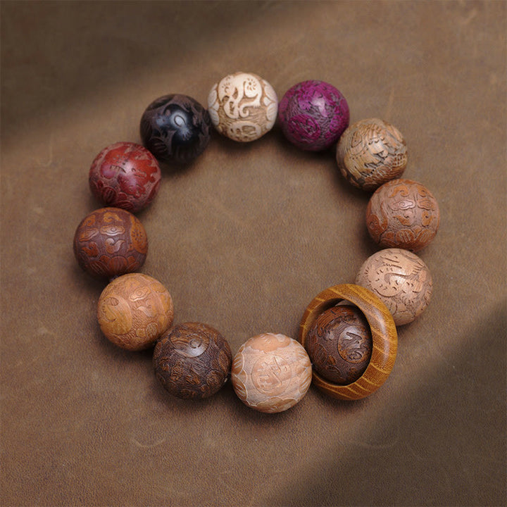 Buddha Stones彫刻 白檀 十二支 縁起の良い龍 鳳凰 福文字 ヒーリングブレスレット