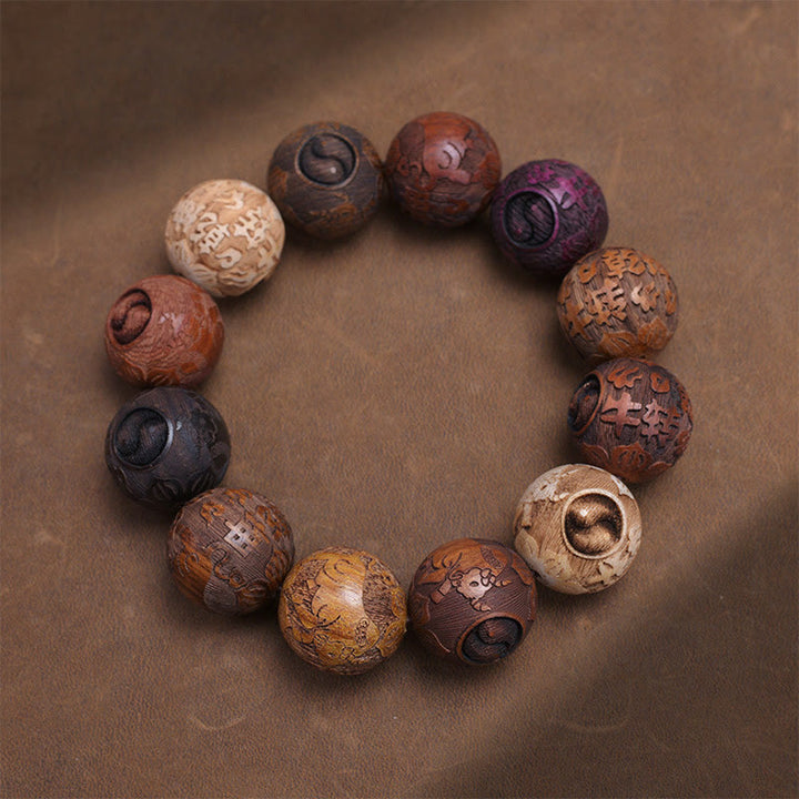 Buddha Stones彫刻 白檀 十二支 縁起の良い龍 鳳凰 福文字 ヒーリングブレスレット