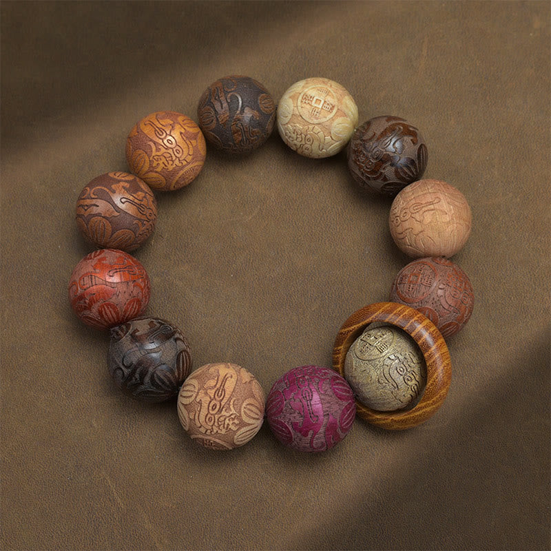 Buddha Stones彫刻 白檀 十二支 縁起の良い龍 鳳凰 福文字 ヒーリングブレスレット