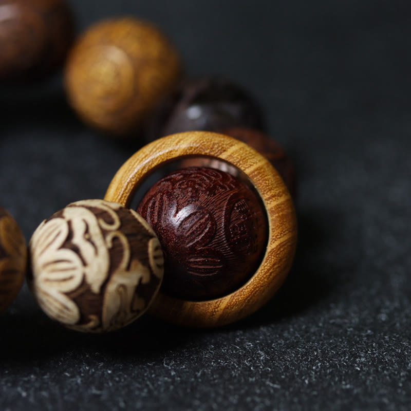 Buddha Stones彫刻 白檀 十二支 縁起の良い龍 鳳凰 福文字 ヒーリングブレスレット