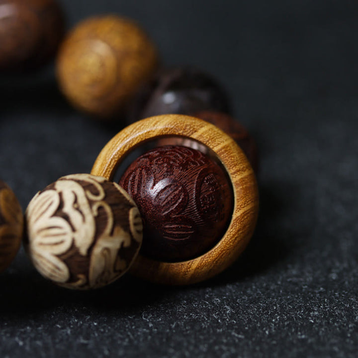 Buddha Stones彫刻 白檀 十二支 縁起の良い龍 鳳凰 福文字 ヒーリングブレスレット