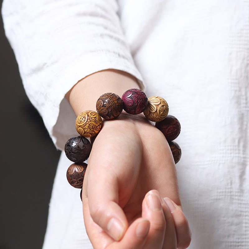 Buddha Stones彫刻 白檀 十二支 縁起の良い龍 鳳凰 福文字 ヒーリングブレスレット