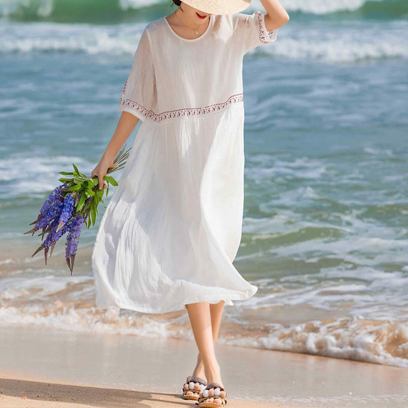 Buddha Stones無地刺繍半袖コットンミディドレス - image 11