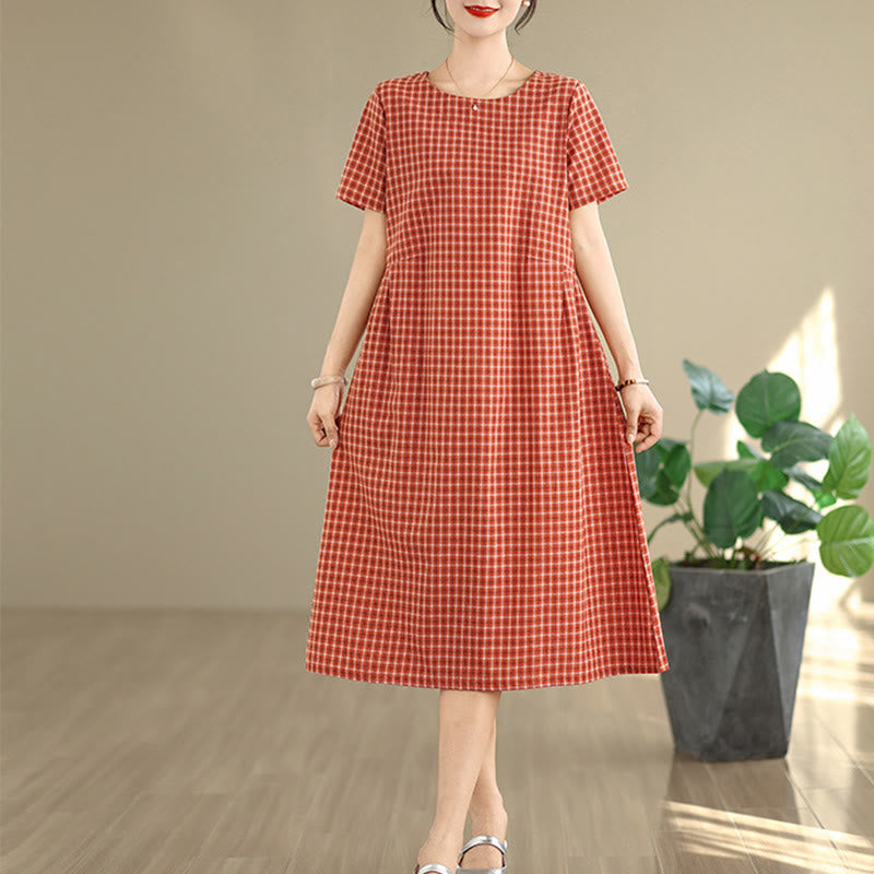 通勤用Buddha Stonesチェック柄シンプルデザインコットンリネン半袖ミディドレス(ポケット付き)