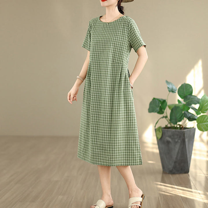 通勤用Buddha Stonesチェック柄シンプルデザインコットンリネン半袖ミディドレス(ポケット付き)