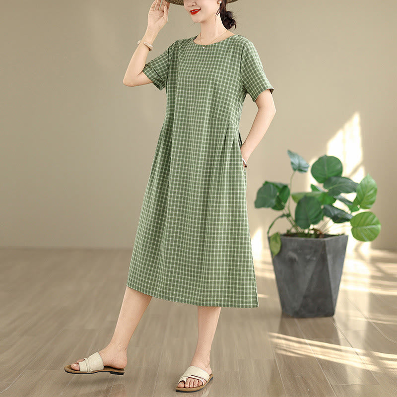 通勤用Buddha Stonesチェック柄シンプルデザインコットンリネン半袖ミディドレス(ポケット付き)