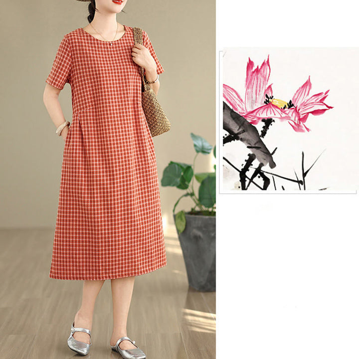 通勤用Buddha Stonesチェック柄シンプルデザインコットンリネン半袖ミディドレス(ポケット付き)