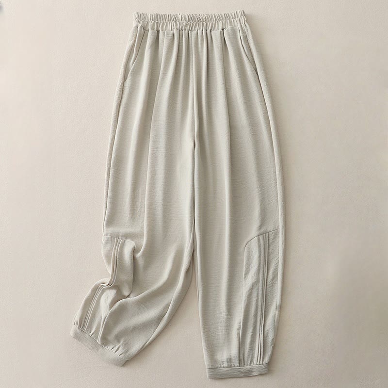 Buddha Stones夏通勤 無地プリーツデザイン 7-8丈 レディース ハーレム コットンリネン パンツ ポケット付き - リネン - US8-10,UK/AU12-14,EU40-42 (2XL) - image 2