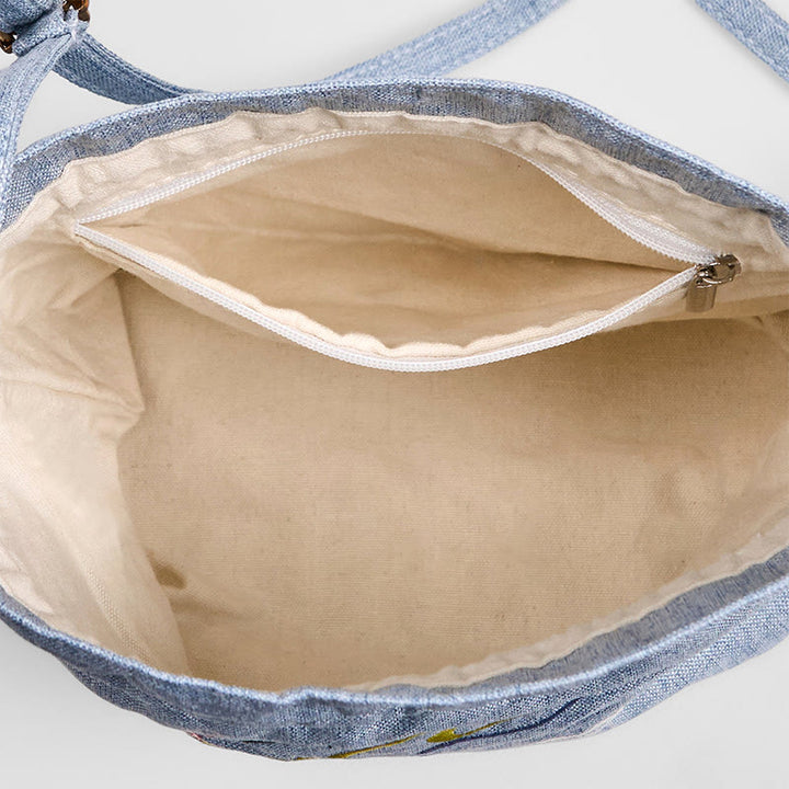 Buddha Stones刺繍入りライトブルー妖精鹿縁起の良い雲コットンリネンクロスボディバッグショルダーバッグ