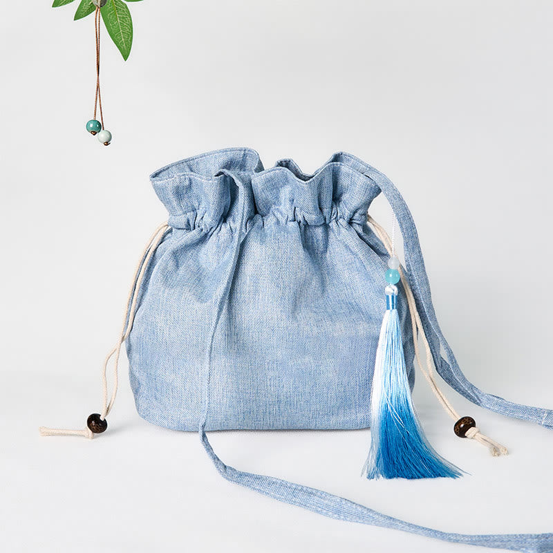 Buddha Stones刺繍入りライトブルー妖精鹿縁起の良い雲コットンリネンクロスボディバッグショルダーバッグ