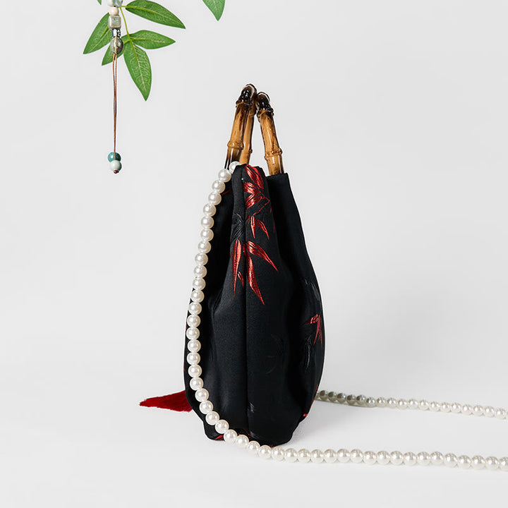 Buddha Stonesポリエステルコットン刺繍葉竹ハンドルパールクロスボディバッグハンドバッグ