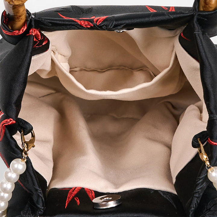 Buddha Stonesポリエステルコットン刺繍葉竹ハンドルパールクロスボディバッグハンドバッグ