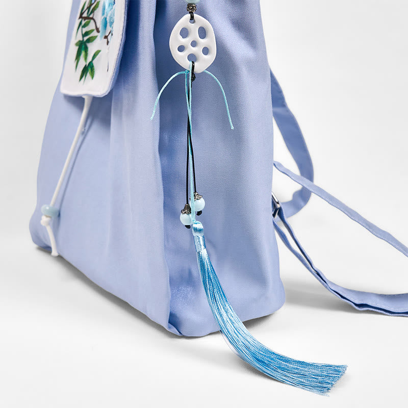 Buddha Stonesハンドメイド ブルー マグノリア 刺繍 大容量 キャンバス バックパック