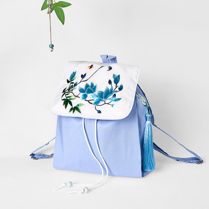 Buddha Stonesハンドメイド ブルー マグノリア 刺繍 大容量 キャンバス バックパック