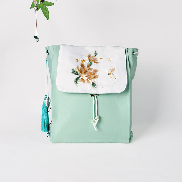 Buddha Stonesハンドメイドグリーン牡丹の花刺繍入り大容量キャンバスバックパック