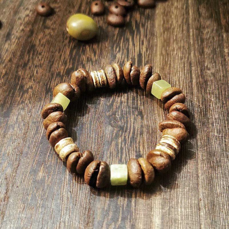 Buddha Stonesハンドメイド 天然コーヒー豆 ココナッツシェル スクエア翡翠 ポジティブブレスレット