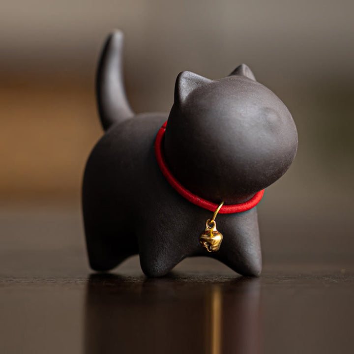 Buddha Stonesミニラブリーレッドロープベルキャットティーペットパープル粘土置物デスクデコレーション - 黒猫(6.7×5.0×5.7cm) - image 8