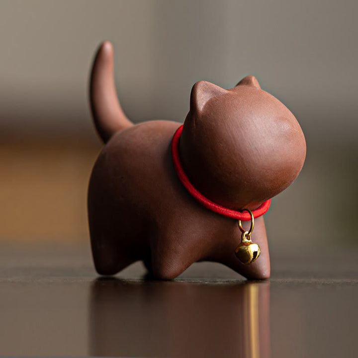 Buddha Stonesミニラブリーレッドロープベルキャットティーペットパープル粘土置物デスクデコレーション - 茶色の猫(6.7×5.0×5.7cm) - image 2