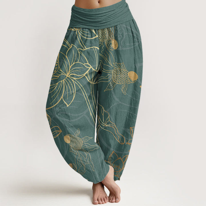 Buddha Stones純綿 蓮の葉 鯉 レディース 伸縮性ウエスト ハーレムパンツ - ダークシアン - US22、 UK/AU26、 EU54 (6XL) - image 9