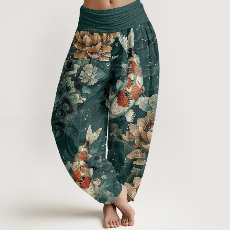 Buddha Stones純綿 カラフル 鯉 蓮の花 デザイン レディース 伸縮性ウエスト ハーレムパンツ