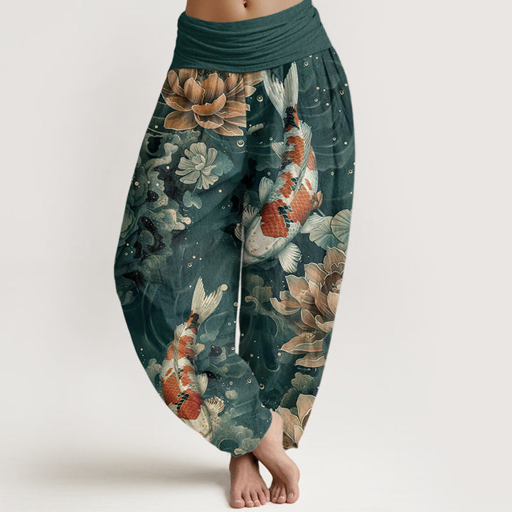 Buddha Stones純綿 カラフル 鯉 蓮の花 デザイン レディース 伸縮性ウエスト ハーレムパンツ