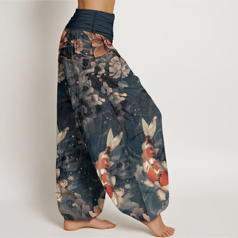 Buddha Stones純綿 カラフル 鯉 蓮の花 デザイン レディース 伸縮性ウエスト ハーレムパンツ