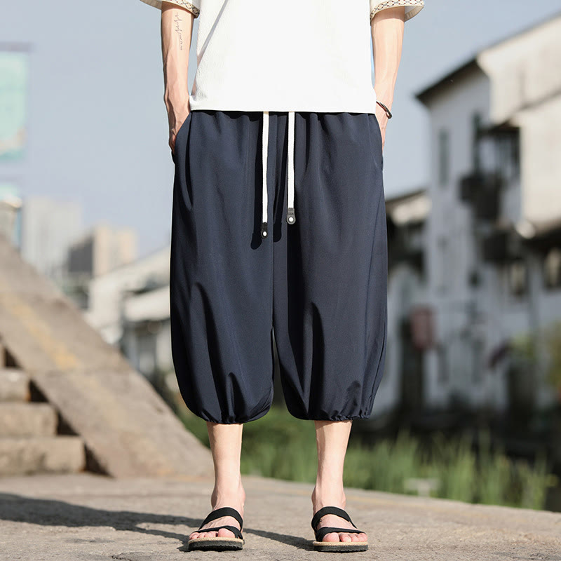 Buddha Stones無地ドローストリング メンズ カプリ クロップド ハーレムパンツ ポケット付き