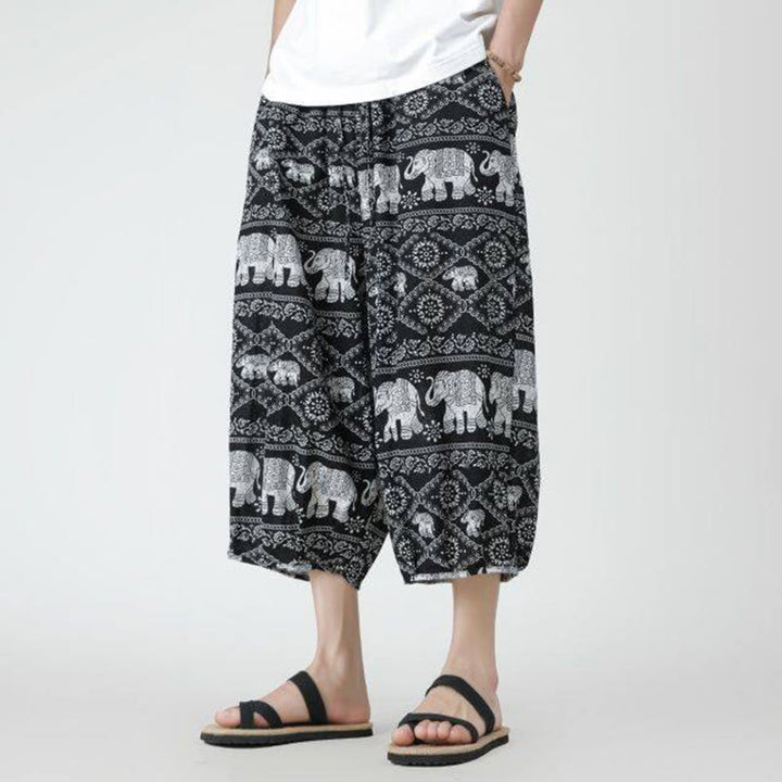 Buddha Stones夏 スクエア パッチワーク 象 曼荼羅 幾何学 コットン リネン メンズ 7-8丈 ポケット付きパンツ