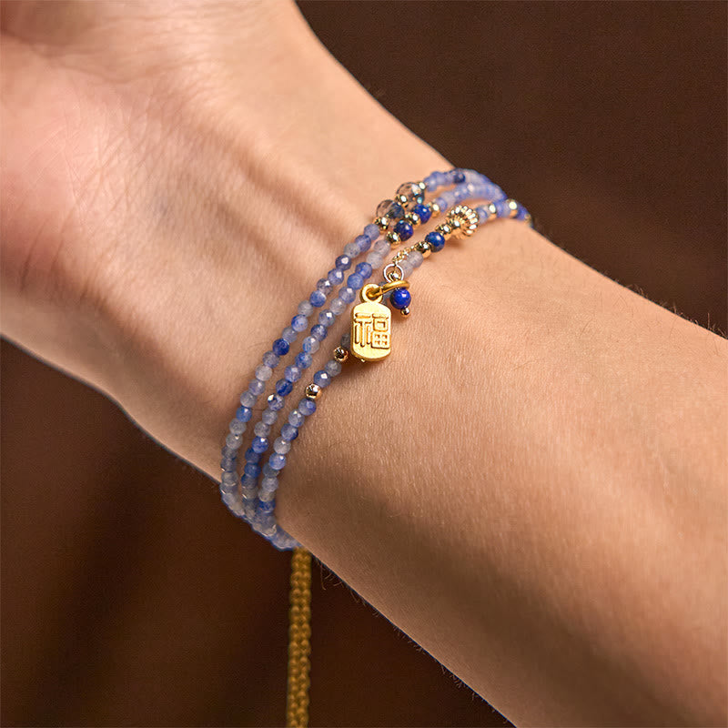 Buddha Stones3mm 極薄ビーズ 天然ラズライト トリプルラップ 福文字 ポジティブブレスレット