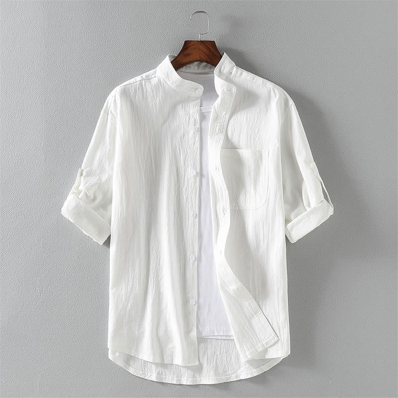 Buddha Stones夏用 無地 メンズ ボタン 半袖 コットンリネン シャツ - 白 - US/UK/AU46、 EU56 (5XL) - image 2