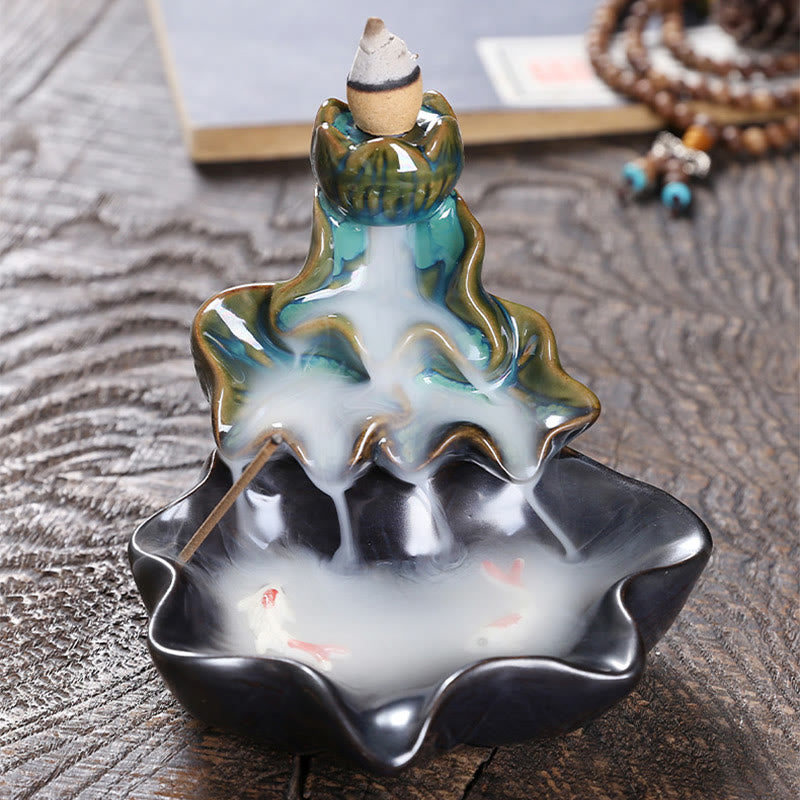 Buddha Stones蓮の葉 鯉 陶器 逆流煙噴水 平和香炉 装飾 - image 3