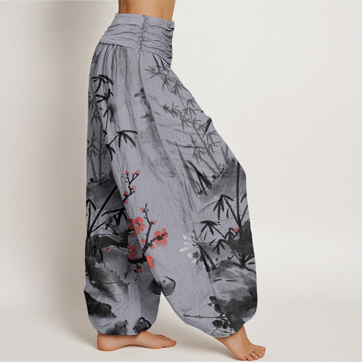 Buddha Stones、梅、竹、蘭、菊の模様のレディース伸縮性ウエストハーレムパンツ - image 9