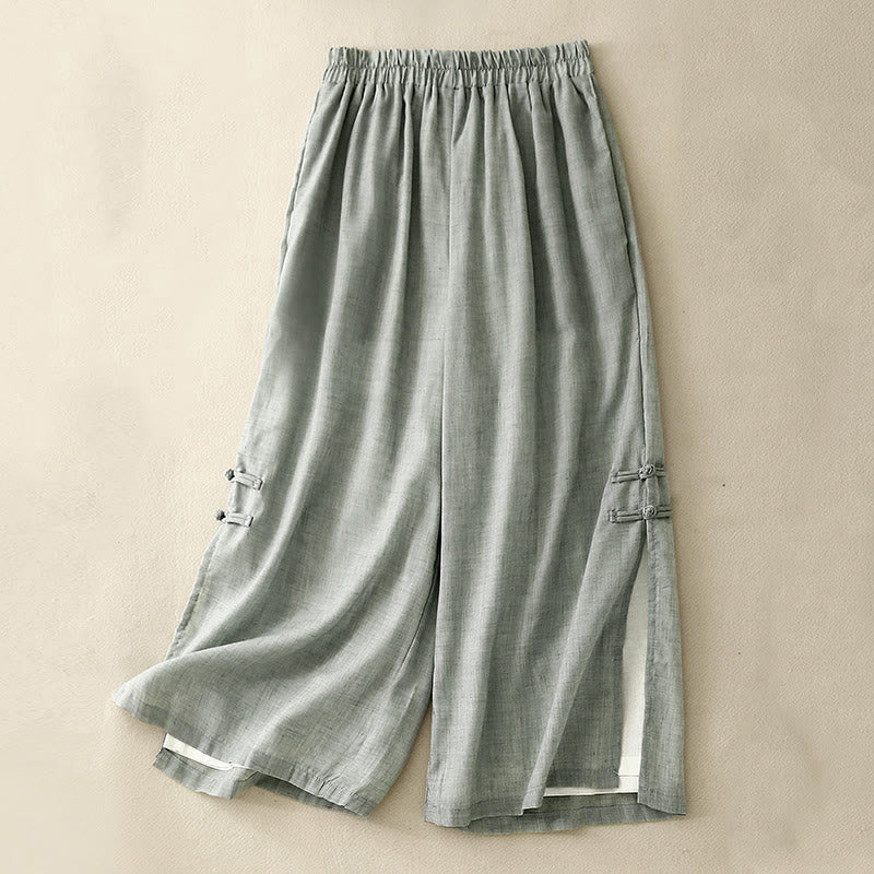 Buddha Stonesフロッグボタン裾スリットデザイン レディース ワイドレッグ コットンリネン パンツ ポケット付き - ミディアムアクアマリン - US8-10,UK/AU12-14,EU40-42 (2XL) - image 18