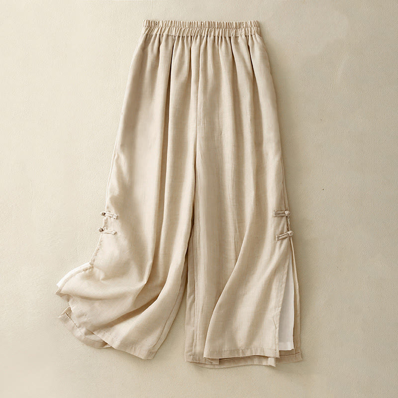 Buddha Stonesフロッグボタン裾スリットデザイン レディース ワイドレッグ コットンリネン パンツ ポケット付き - ベージュ - US8-10,UK/AU12-14,EU40-42 (2XL) - image 1