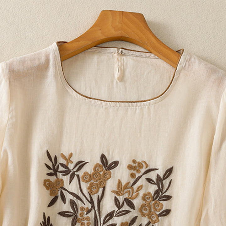 Buddha Stonesレトロ刺繍 花柄 七分袖 レディース コットンTシャツ - image 3