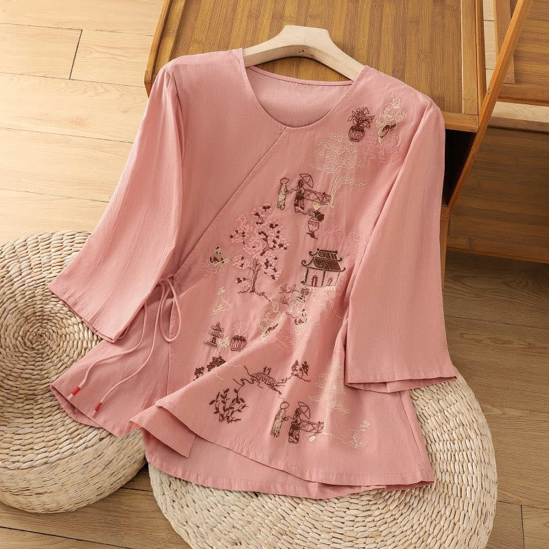 Buddha Stonesレトロ刺繍 レースアップ レディース 七分袖 コットンリネン Tシャツ - 鮭 - US12、 UK/AU16、 EU44 (2XL) - image 8